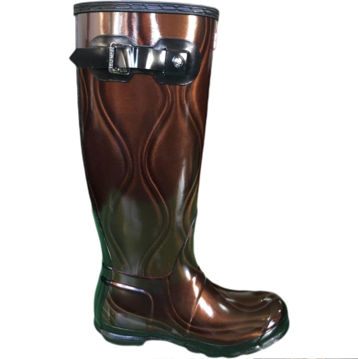 Glossy brown 3D wavy pattern men's tall rain boots with side adjustable buckle