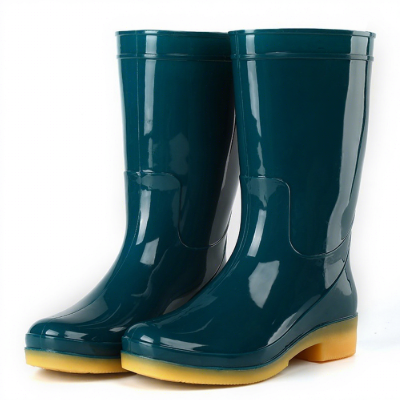 Pair of gloss teal PVC round-toe women's rain boots