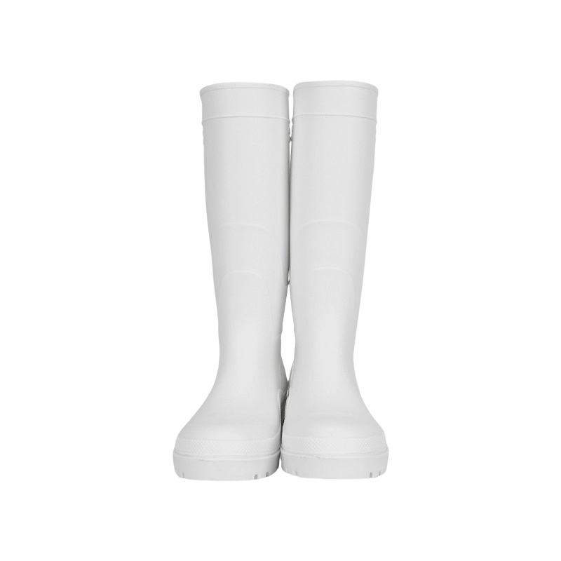 Pair of white industrial rubber waterproof work boots for construction and agricultural use