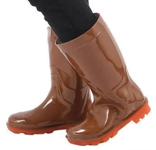 Shiny brown breathable waterproof PVC garden boot with orange non-slip sole