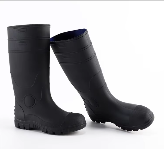 Black industrial puncture-resistant work boots with blue fabric lining, designed for heavy sharp debris exposure