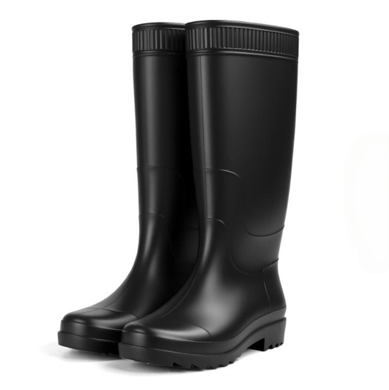 Black knee-high steel toe rubber mining boots for wet, rocky work sites